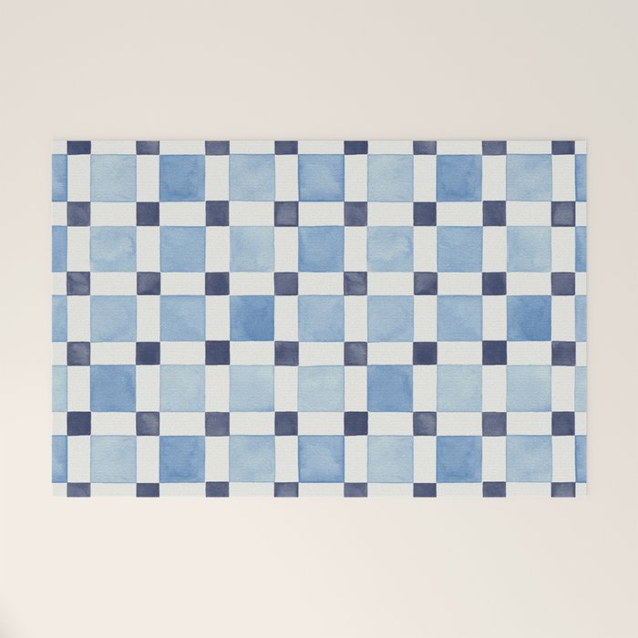 Mosaic plaids geometric pattern watercolor Soft blue Welcome Mat Gallery Image 1