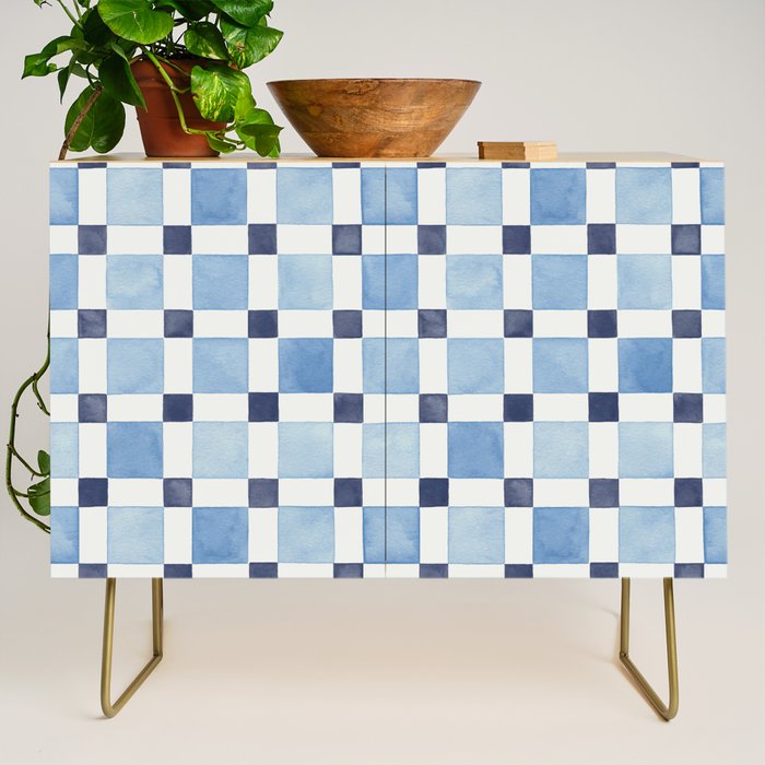 Mosaic plaids geometric pattern watercolor Soft blue Credenza Gallery Image 1
