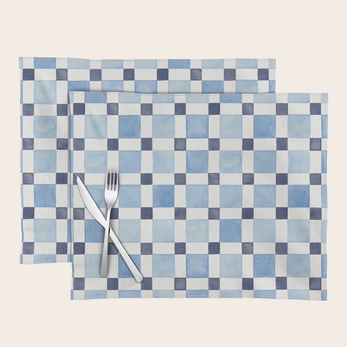 Mosaic plaids geometric pattern watercolor Soft blue Placemat Gallery Image 1