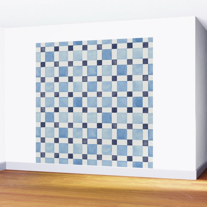 Mosaic plaids geometric pattern watercolor Soft blue Wall Mural Gallery Image 2