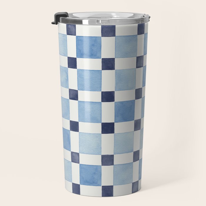 Mosaic plaids geometric pattern watercolor Soft blue Travel Mug Gallery Image 3