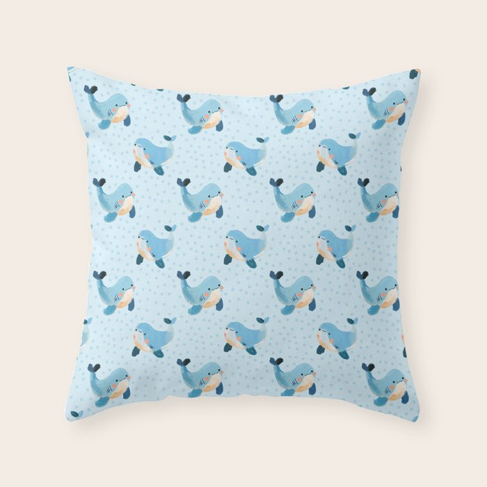 Cute Whale Nursery Pattern in Soft Blue Throw Pillow Gallery Image 6