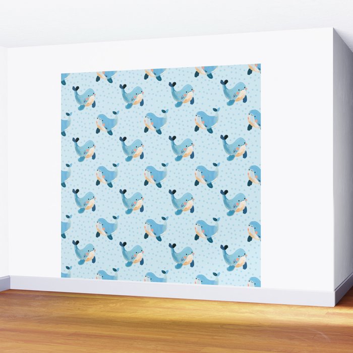Cute Whale Nursery Pattern in Soft Blue Wall Mural Gallery Image 2