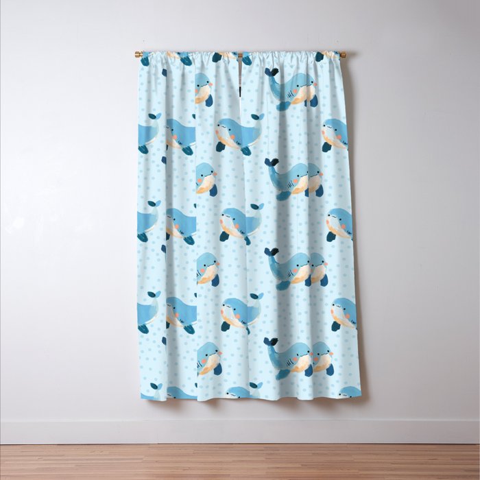 Cute Whale Nursery Pattern in Soft Blue Window Curtain Gallery Image 3