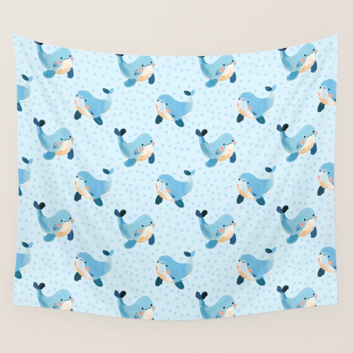 Cute Whale Nursery Pattern in Soft Blue Wall Tapestry Gallery Image 1