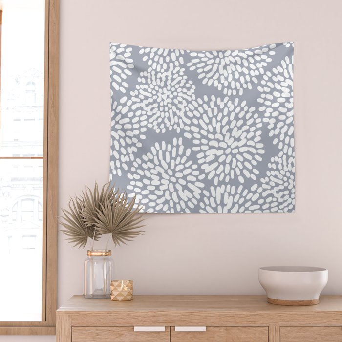 Grey and White Abstract Firework Flowers Wall Tapestry Gallery Image 2