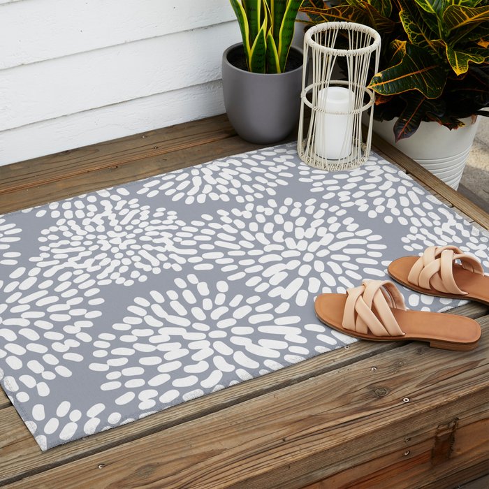 Grey and White Abstract Firework Flowers Outdoor Rug Gallery Image 2