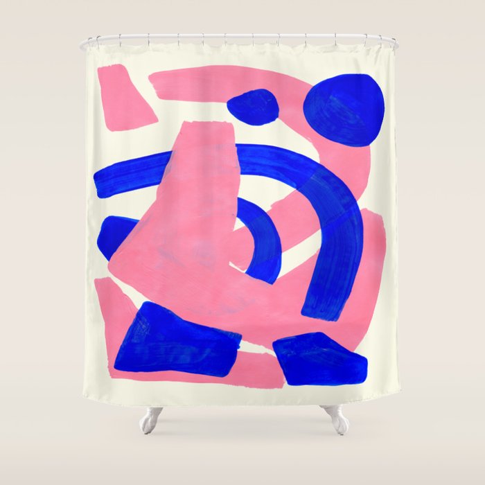 Blue Pink Fun Colorful Mid Century Modern Abstract Painting Shapes Pattern Shower Curtain Gallery Image 1