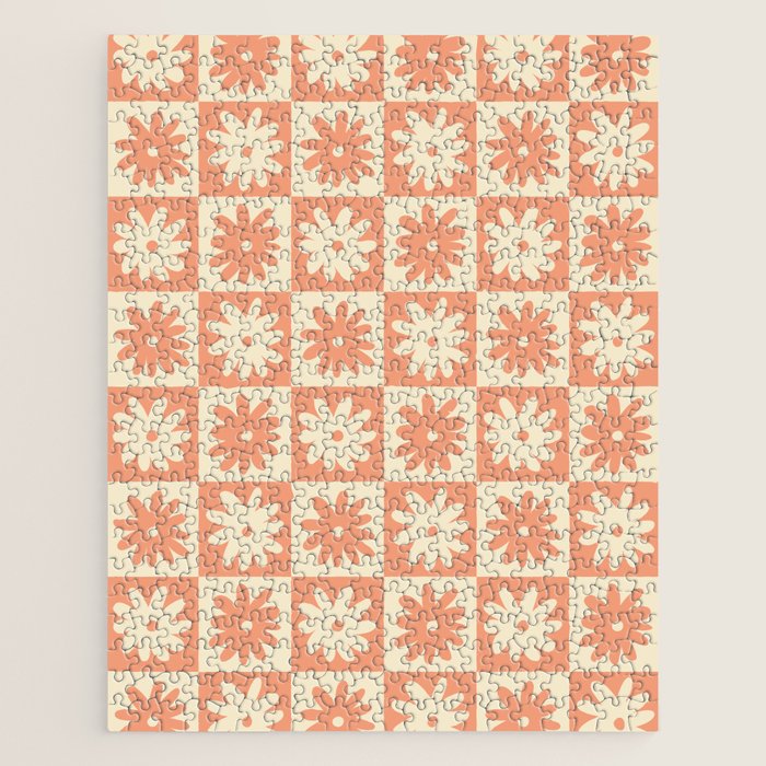 Peach And Off White Checkered Floral Pattern Jigsaw Puzzle Gallery Image 1