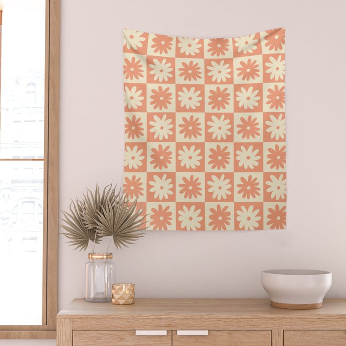 Peach And Off White Checkered Floral Pattern Wall Tapestry Gallery Image 2