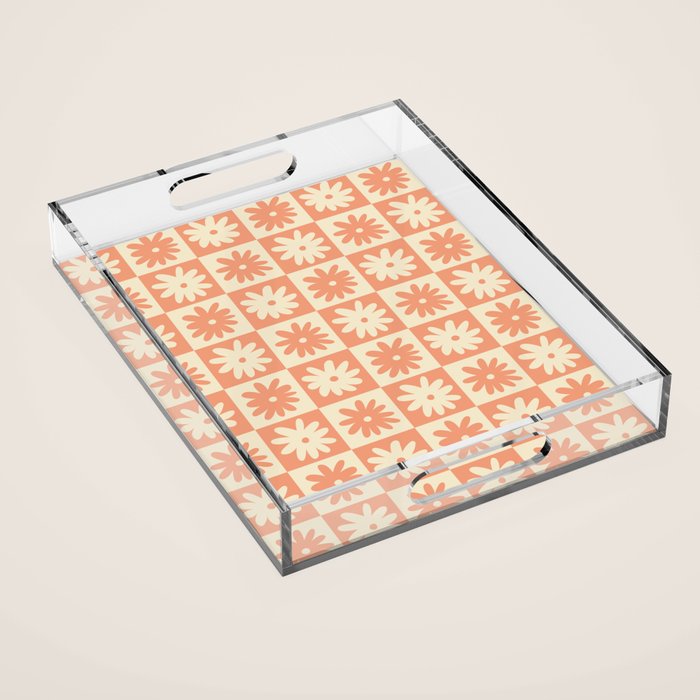 Peach And Off White Checkered Floral Pattern Acrylic Tray Gallery Image 1
