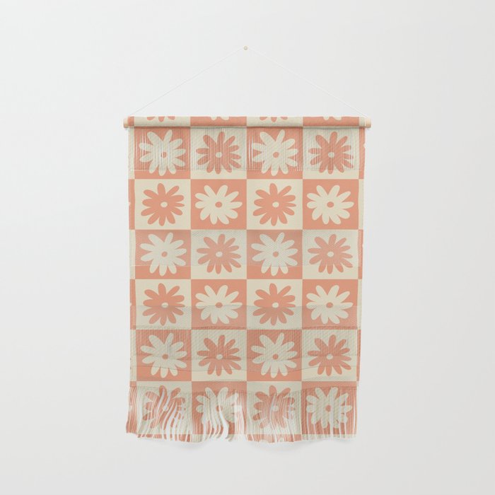 Peach And Off White Checkered Floral Pattern Wall Hanging Gallery Image 1