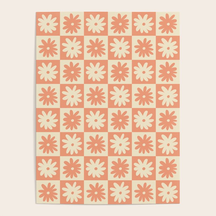 Peach And Off White Checkered Floral Pattern Poster Gallery Image 4