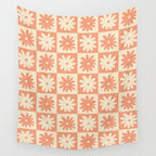 Peach And Off White Checkered Floral Pattern Wall Tapestry Gallery Image 4