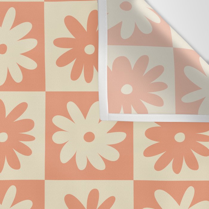 Peach And Off White Checkered Floral Pattern Wall Tapestry Gallery Image 3