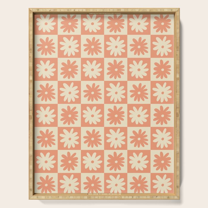 Peach And Off White Checkered Floral Pattern Serving Tray Gallery Image 1