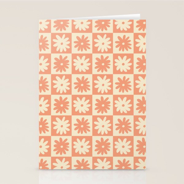 Peach And Off White Checkered Floral Pattern Stationery Card Gallery Image 2