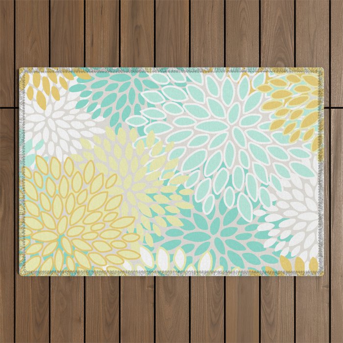 Floral Prints, Mint Green and Yellow, Modern Print Art Outdoor Rug Gallery Image 1