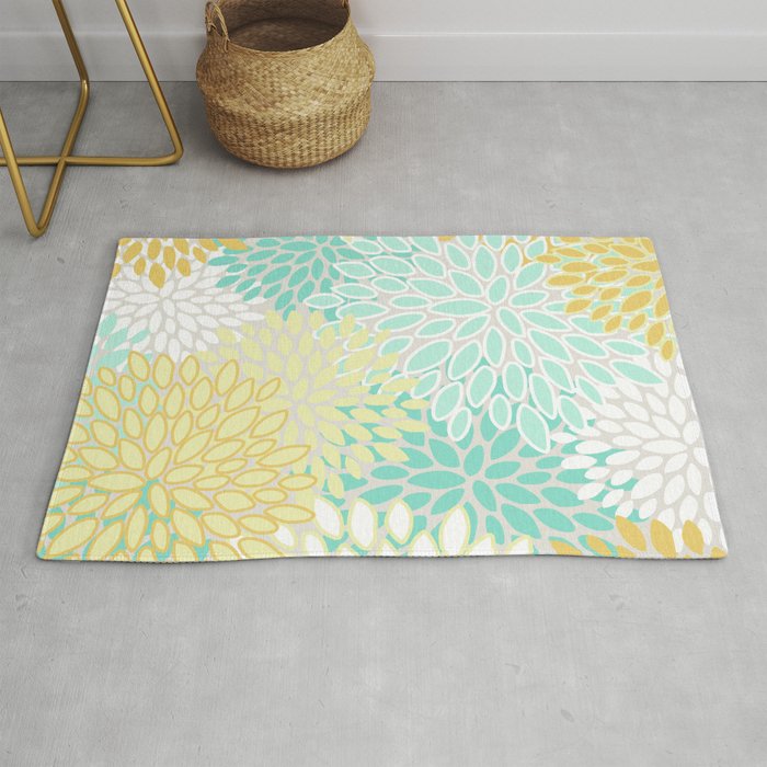 Floral Prints, Mint Green and Yellow, Modern Print Art Rug Gallery Image 1