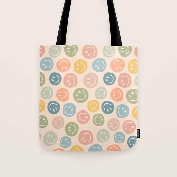 Colorful Smiley Faces Beige Pattern Tote Bag Gallery Image 1
