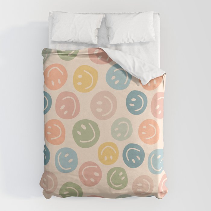 Colorful Smiley Faces Beige Pattern Duvet Cover