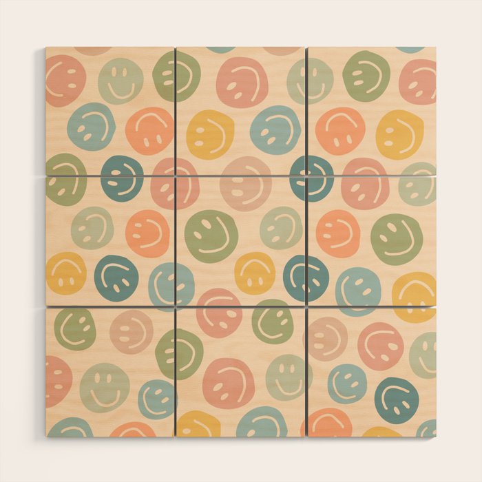 Colorful Smiley Faces Beige Pattern Wood Wall Art