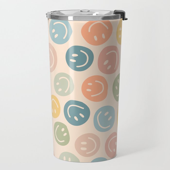 Colorful Smiley Faces Beige Pattern Travel Mug Gallery Image 2