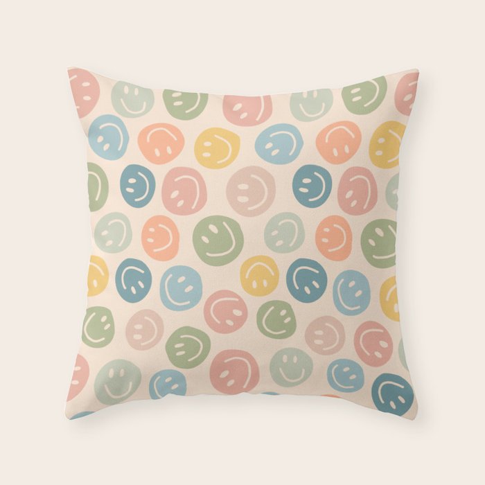 Colorful Smiley Faces Beige Pattern Throw Pillow Gallery Image 6