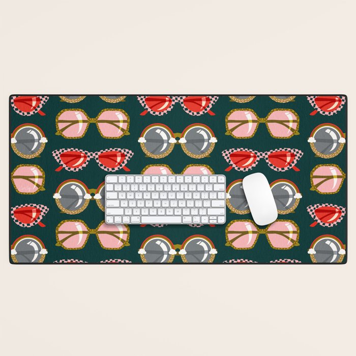 Retro Sunglasses - Pink & Red on Teal Desk Mat Gallery Image 1