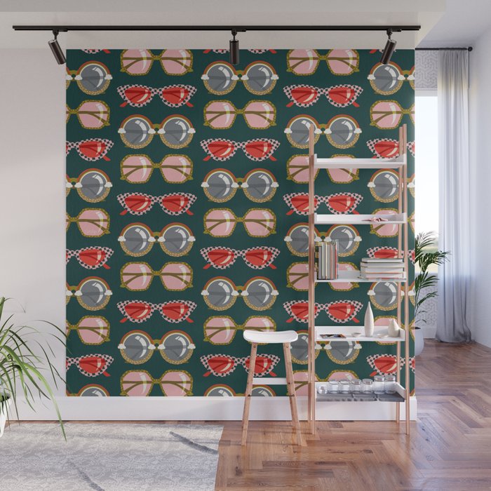 Retro Sunglasses - Pink & Red on Teal Wall Mural Gallery Image 1