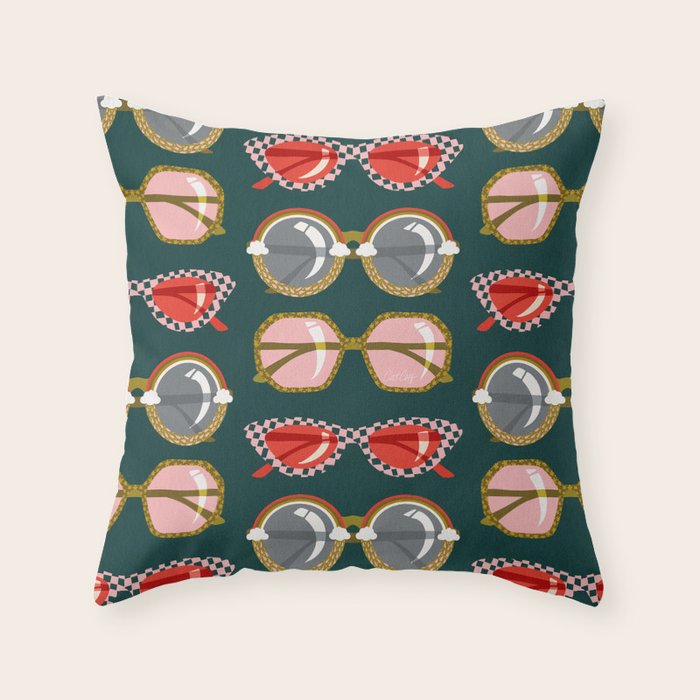 Retro Sunglasses - Pink & Red on Teal Throw Pillow Gallery Image 6
