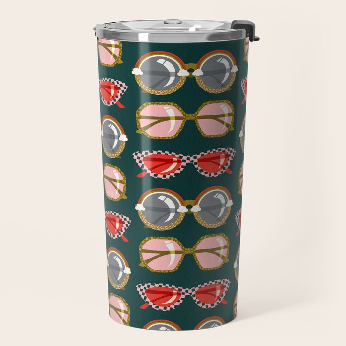 Retro Sunglasses - Pink & Red on Teal Travel Mug Gallery Image 2