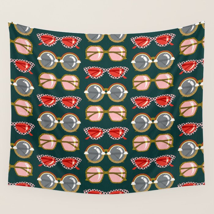 Retro Sunglasses - Pink & Red on Teal Wall Tapestry Gallery Image 1