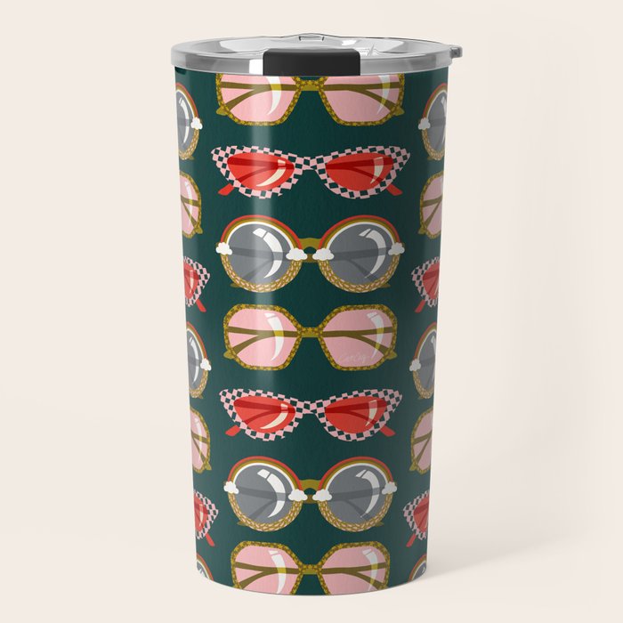 Retro Sunglasses - Pink & Red on Teal Travel Mug Gallery Image 1