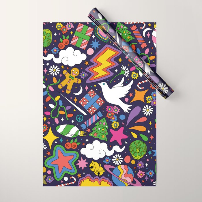 60s 70s psychedelic Modern Christmas Confetti Pattern Wrapping Paper Gallery Image 1