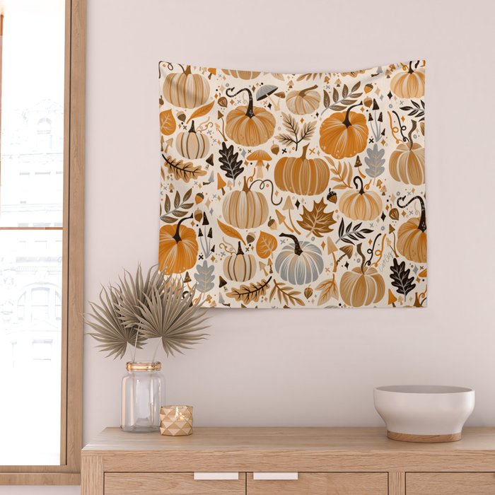 Pumpkin Confetti - Orange on Cream Wall Tapestry Gallery Image 2