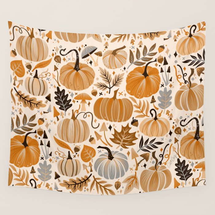 Pumpkin Confetti - Orange on Cream Wall Tapestry Gallery Image 4