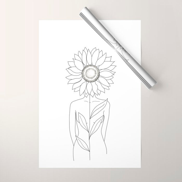 Minimalistic Line Art of Woman with Sunflower Wrapping Paper Gallery Image 1