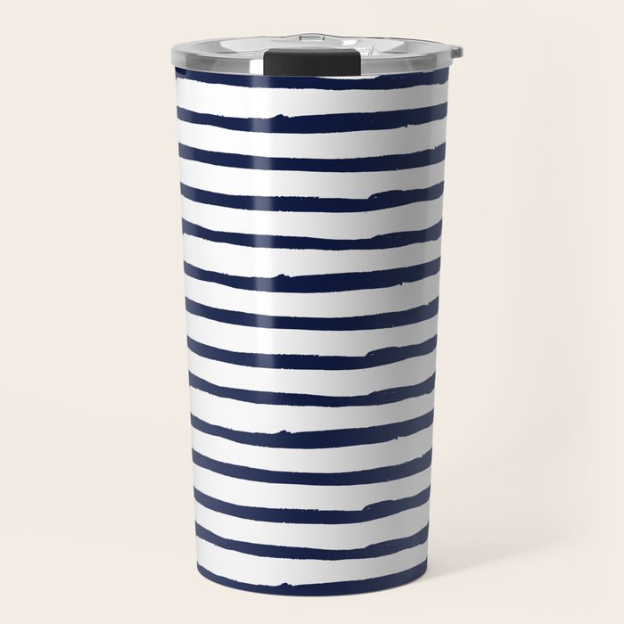 Navy Blue Stripes on White Travel Mug Gallery Image 1