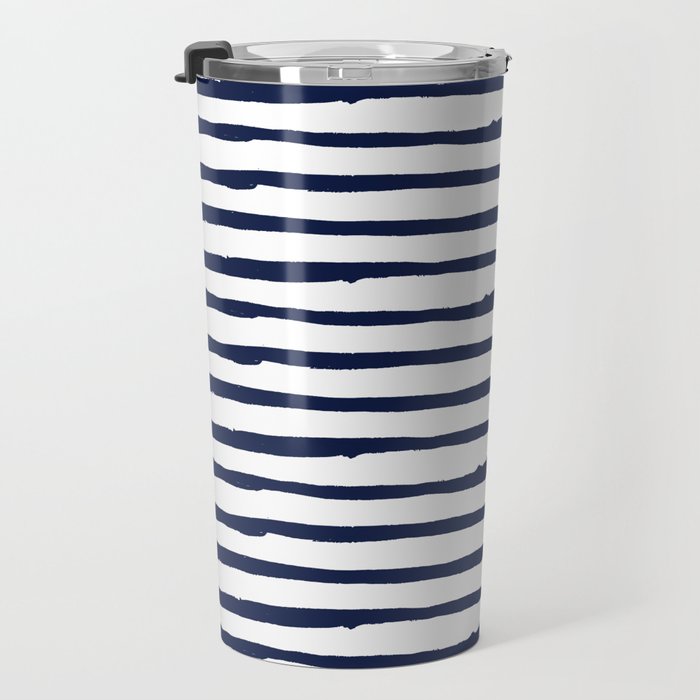 Navy Blue Stripes on White Travel Mug Gallery Image 3