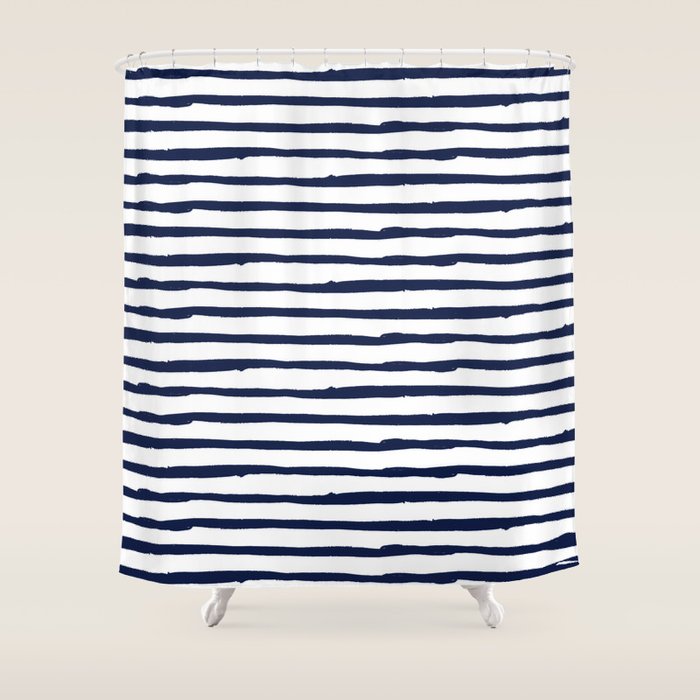 Navy Blue Stripes on White Shower Curtain Gallery Image 1