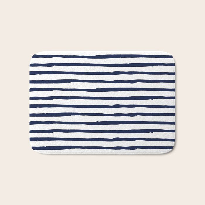 Navy Blue Stripes on White Bath Mat Gallery Image 1