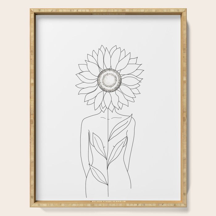 Minimalistic Line Art of Woman with Sunflower Serving Tray Gallery Image 1