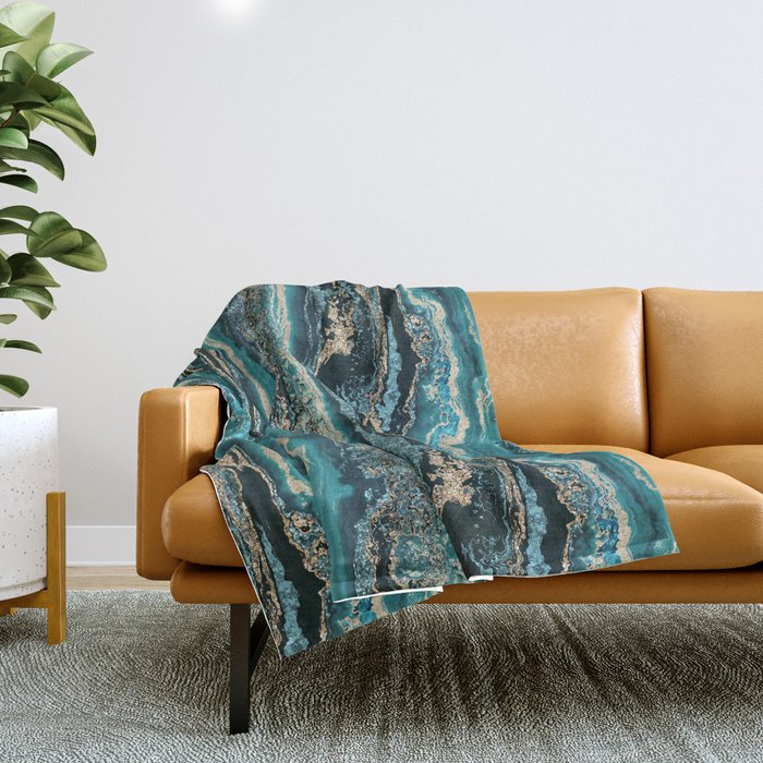 Turquoise Gold Sparkling Luxury Marble Gemstone Art Throw Blanket Gallery Image 1
