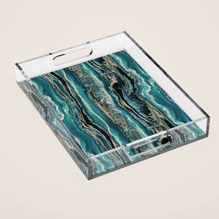 Turquoise Gold Sparkling Luxury Marble Gemstone Art Acrylic Tray Gallery Image 1
