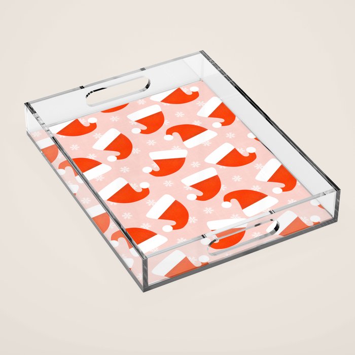 Red Santa Hats & Snowflakes on Linen Pink - Modern Festive Pattern Acrylic Tray Gallery Image 1