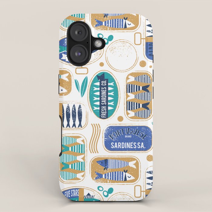 Vintage canned sardines // white background peacock teal and electric blue cans  iPhone Case Gallery Image 1