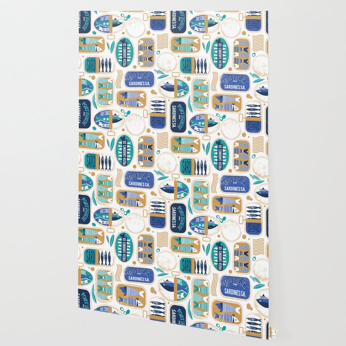 Vintage canned sardines // white background peacock teal and electric blue cans  Wallpaper Gallery Image 2