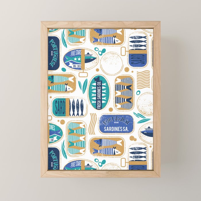 Vintage canned sardines // white background peacock teal and electric blue cans  Mini Art Print Gallery Image 1