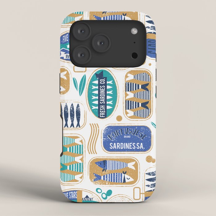 Vintage canned sardines // white background peacock teal and electric blue cans  iPhone Case Gallery Image 3